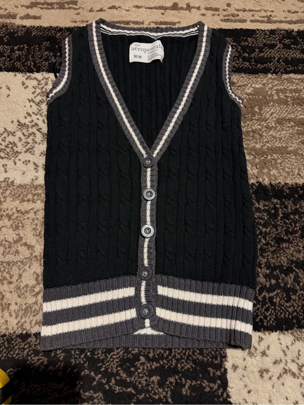 Aeropostale Black Sleeveless Cable-Knit Cardigan with Gray & Cream Trim